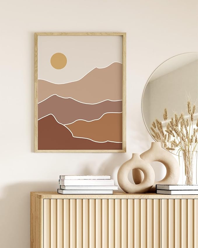 Y2K BOO Abstract Mountain Landscape UNFRAMED Wall Art Sun Rolling Hills Earth Tones Terracotta Mid Century Modern 12x16 Inch Heavyweight Paper Minimalist Studio Decor