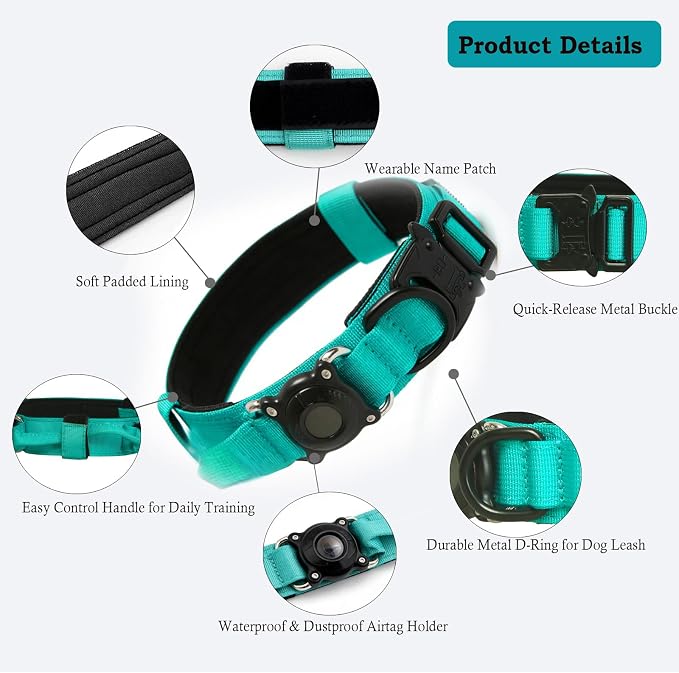 Upgraded AirTag Dog Collar,Waterproof Tactical Dog Collar with AirTag Holder, Control Handle and Metal Buckle,Heavy Duty Dog Collars for Large Dogs (Teal，XXL