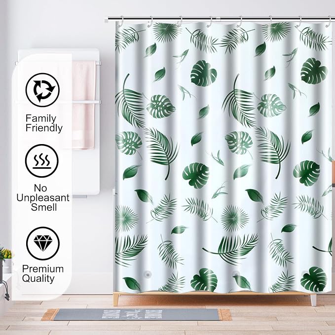 TIKABC Shower Curtain Liner, 4G PEVA Shower Liner, Plastic Waterproof Shower Curtains, with Grommet Holes and 3 Magnetic Weights(Green Leaf)