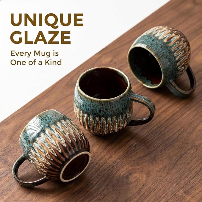 13oz Large Coffee Mug - Unique Handcrafted Look Ceramic Cup, Large Tea Mug, Microwave & Dishwasher Safe (blue,Set of 4)