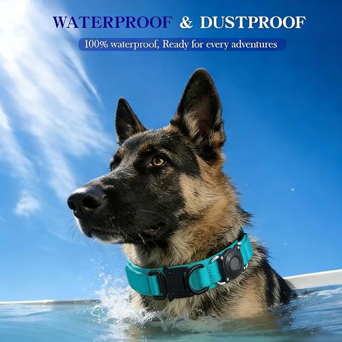 Upgraded AirTag Dog Collar,Waterproof Tactical Dog Collar with AirTag Holder, Control Handle and Metal Buckle,Heavy Duty Dog Collars for Large Dogs (Teal，XL