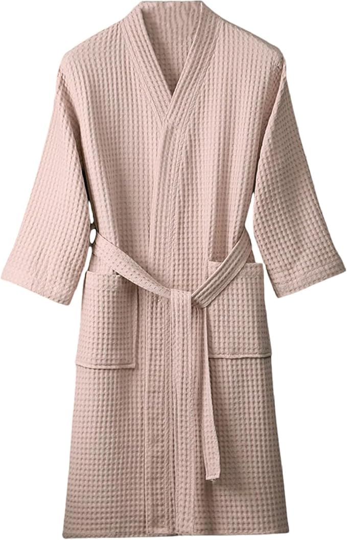 Men & Women Long Sleeve Kimono Bathrobe Lightweight Waffle Absorbent Spa Robe with Belt and Pockets