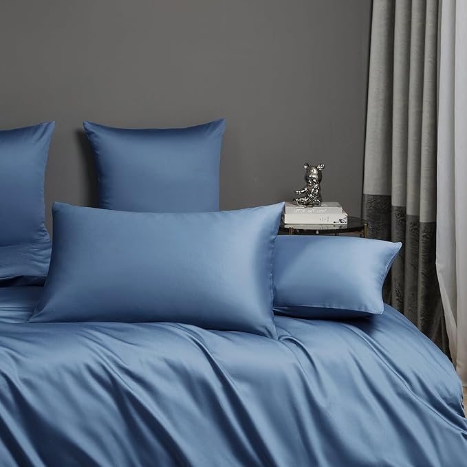 Slate Blue Cotton Duvet Cover Set King 100% Long-Staple Cotton Sateen Bedding Set, Soft Breathable Smooth Organic Pure Cotton Plain Comforter Cover, Luxury Minimalist Bedroom Decor for All Season