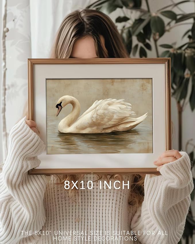 Vodefoad Vintage Swan Wall Art, Minimalist Elegant Swan Wall Decor, Neutral Animal Artwork Art Prints Room Decor, Cottagecore Autumn Classic Bird Art for Bedroom, Living Room, Bathroom, Lake House, 10x10 Inch