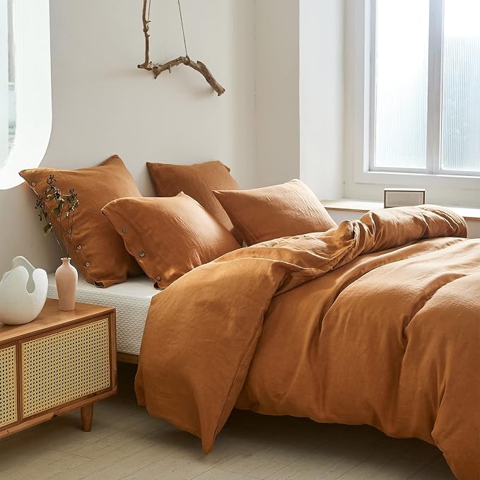 Simple&Opulence 100% Linen Duvet Cover Set 3pcs with Coconut Button Closure Natural French Washed Flax Solid Color Soft Breathable Farmhouse Bedding - Rust, Queen Size