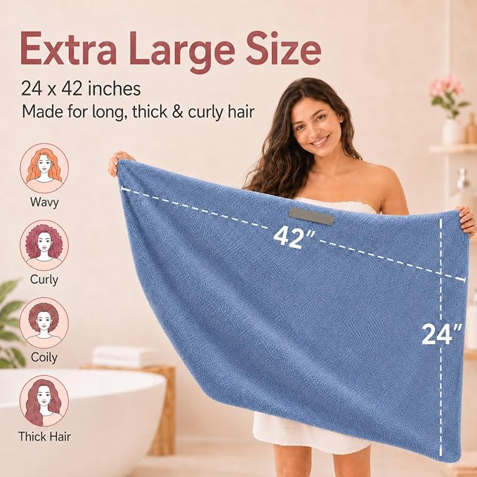 Large Hair Towel Wrap for Women, Quick-Dry Turban, Ultra Absorbent & Anti-Frizz, Ideal for Long, Thick & Curly Hair, Soft Lightweight Microfiber Drying Towel (24x42, Blue)