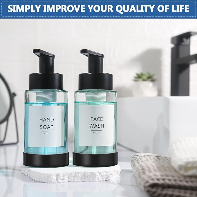 RYTOXILO Foaming Soap Dispenser, 10 oz/300ml Foaming Hand Soap Dispenser, 2 Pack Glass Dispenser with 2 Non-Slip Silicone Bottom Sleeve, Refillable Foam Dispenser for Bathroom & Kitchen