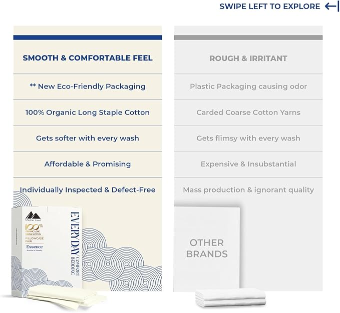 Mayfair Linen 100% Organic Cotton King Size Pillow Cases Set of 2 - Soft Hotel Quality Covers for King Size Pillows (Ivory), Authentic GOTS Certified, Crisp, Cooling Percale Weave Cotton Pillowcases