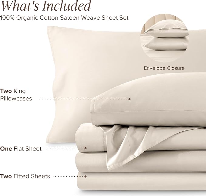 Bare Home 100% Organic Cotton Split King Sheet Set - 400 Thread Count - Smooth Sateen Weave - Breathable & Cooling - Hotel Luxury Set - Deep Pocket Bed Sheets (Split King, French Beige)
