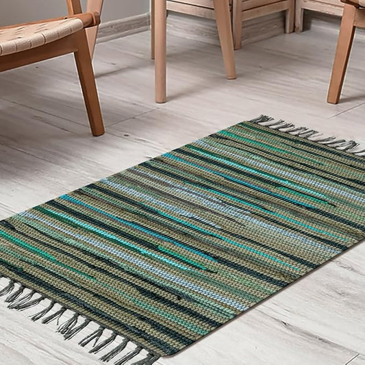 Cotton Chindi Rug - Boho Rustic Area Accent Throw Rug - Area Floor Carpet for Bedroom Living Room Kitchen Dorm Entryway Hallway - 20x32 inch Hand Woven Reversible Area Rug Green Multi