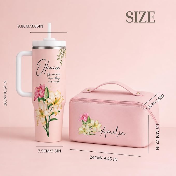 Personalized 40 oz Floral Tumbler with Optional Makeup Bag, Custom Name Insulated Stainless Steel Travel Cup with Straw, Personalized 2-In-1 Gifts for Teacher Appreciation, Women Mom Sister Grandma