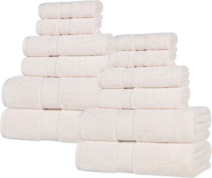 Superior Oregon Organic Cotton 12 Piece Towel Set, Heavyweight Towels for Bathroom Daily Use, Absorbent, Plush Eco-Friendly Bath Essentials, Includes 4 Bath, 4 Hand, 4 Face Towels, Ivory
