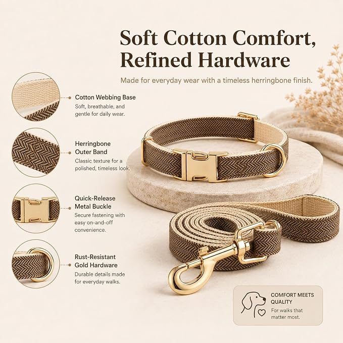 Herringbone Tweed Dog Collar and Leash Set for Medium Dogs, Grey-Brown | Snag-free, no-rub design. Soft breathable cotton, gentle on fur. Adjustable durable matching combo for walks & outdoors.