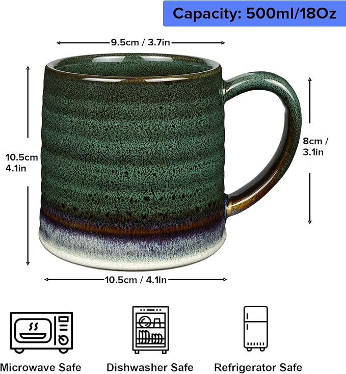 18 Oz Large Ceramic Coffee Mug, 500ml Big Handmade Pottery Tea Cup for Office and Home, Big Handle Easy to Hold, Microwave and Dishwasher Safe, Stylish Texture Glaze (Ink Green)