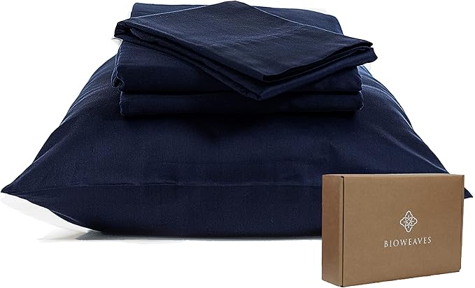 BIOWEAVES 100% Organic Cotton Sheets, 300 Thread Count 4-Piece GOTS Certified Bed Sheet Set Fits Mattress Upto 17" Deep Pocket, Soft & Silky Sateen Weave (Full, Navy Blue)