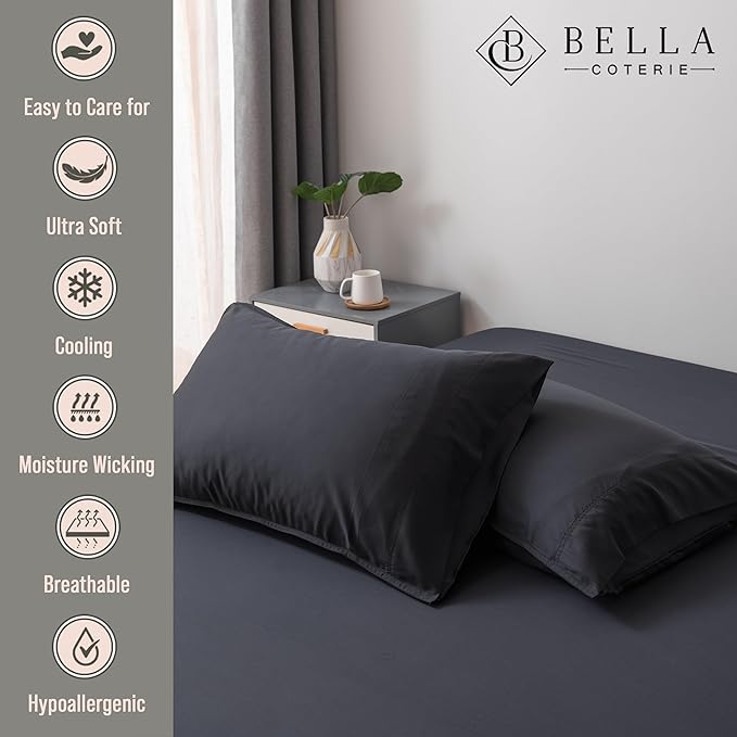 BELLA COTERIE | Luxury Bamboo Viscose Standard Size Pillowcase Set | 100% Organically Grown | Ultra Soft | Cooling | 2 Pcs [Black]