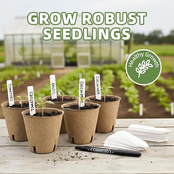 CLEANGOR 70Pcs Biodegradable 3.15” Peat Pots with 70Pcs Plant Labels | Biodegradable Seed Starter Pots with Drainage Holes, Nursery Pots for Seedlings, Herbs, Vegetables, Flowers, Gardening Kit