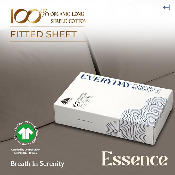 Mayfair Linen 100% Organic Cotton Percale Weave Fitted Sheet Full Size, Taupe, 1 Deep Pocket Full Fitted Sheet, Fits Mattress Upto 16" Crisp and Cool Bed Linen, Luxury GOTS Certified Sheets