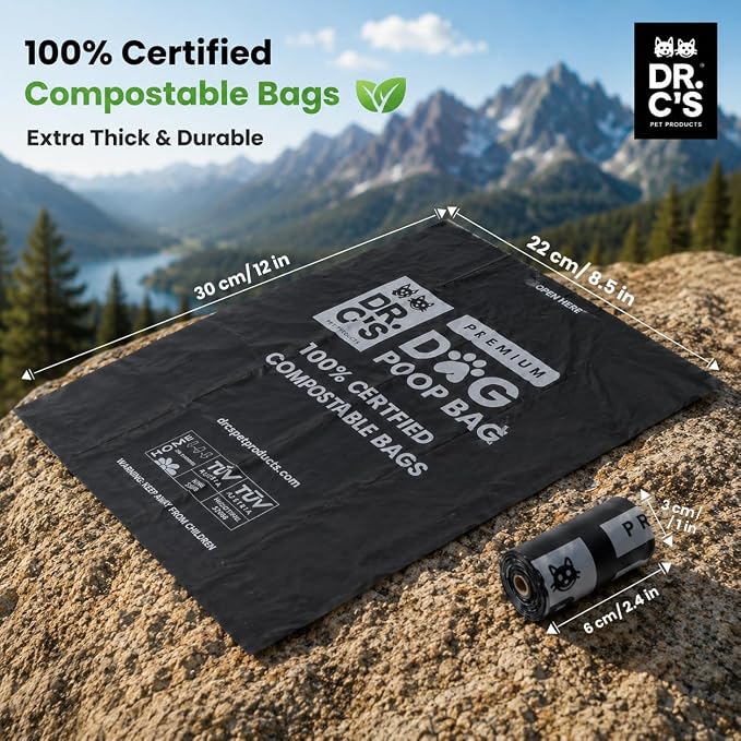 100% Certified Compostable Dog Poop Bags - Dr. C's Premium Dog Poop Bags - 270 Bags / 18 Rolls, Extra thick, Leak Proof, Unscented, Plant Based and Earth Friendly