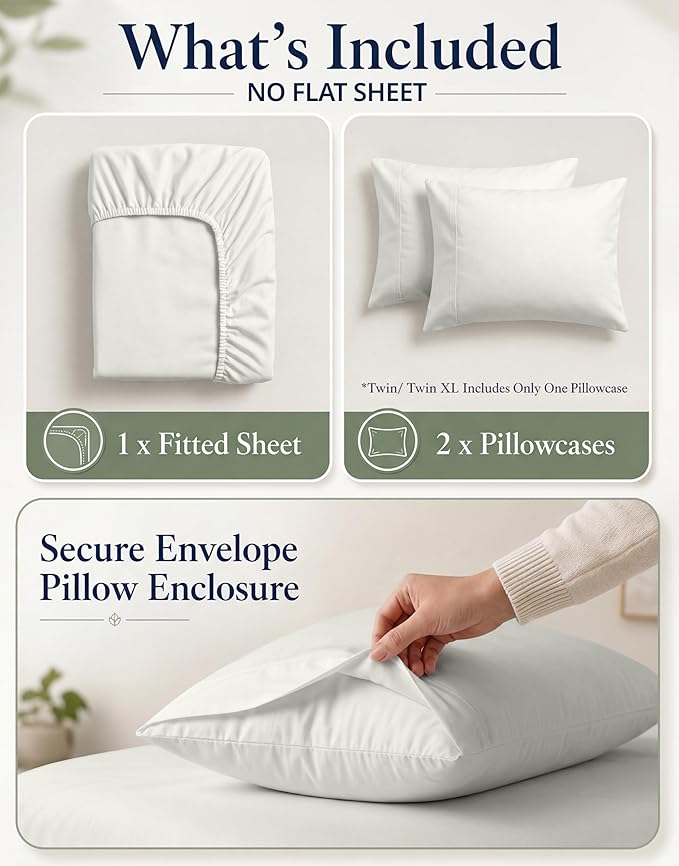 Lane Linen Queen Size Fitted Sheet, 100% Organic Cotton, 3-Piece Set (1 Fitted Sheet & 2 Pillowcases), Percale Weave, Ultra Soft, Breathable, Fits Mattress Upto 15" Deep - Glacier Grey (No Flat Sheet)