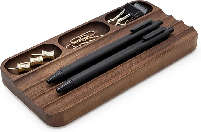 MUUJEE Wooden Desk Pen Pencil Organizer - 7.5 x 3.75 for Work Teacher Dad Wood Pencils Tray Work Minimalist Rustic, Gift for The Man who has it All