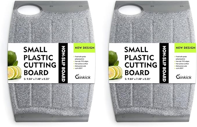 Small Plastic Cutting Board Set of 2, Mini Cutting Board for Small Kitchen Tasks, Non Slip Edges, Unique Design with Multiple Juice Grooves! BPA Free, Non-Porous, Dishwasher Safe (9.84" x 7.48")