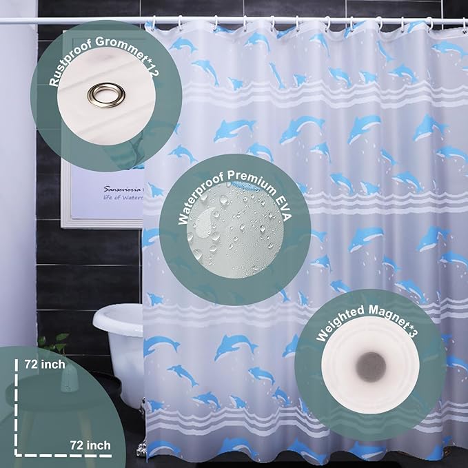 Plastic Shower Curtain Liner, Premium EVA 6G Dolphin Shower Curtain, Shower Curtains for Bathroom with 3 Magnetic Weights and Rustproof Grommets (Dolphin, 72x72 in)