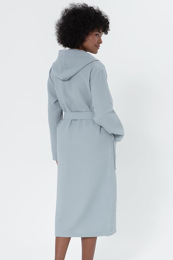 SEYANTE Women's Organic Cotton Waffle Kimono, Hooded Robe – GOTS Certified Lightweight Full-Length Spa Bathrobe with Piping