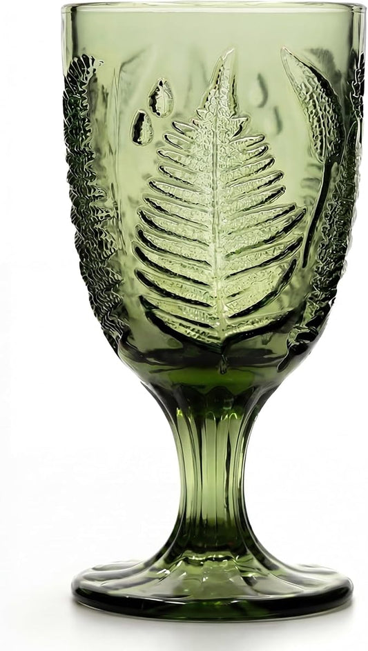 Green Stemmed Goblet, Hand-Pressed Fern Embossed Textured Glass for Water, Cocktails & Wine, Retro Boho Colored Stemware, Decorative Bar Drinkware for Kitchen Dining Table, Unique Botanical Style Gift