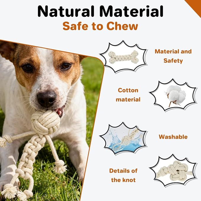 3 Pack Cotton Rope Dog Toy Set, Indestructible Chew Toys for Aggressive Chewers, Puppy Teething Toys with Bone, Human & Chinese Knot Designs for Boredom Relief & Tug of War， White