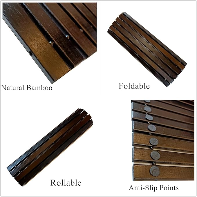 HJJKKH Bath Mat, Wooden Bathroom Mat Rayon Derived from Bamboo 23.6"x15.7", Rollable Non-Slip Floor Mat, Wooden Shower Mat for Bathroom, Bathtub, Spa, Sauna, Hot Tub & Outdoor Use - Black