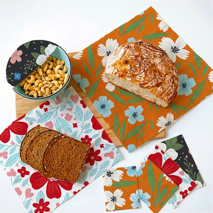 Reusable Beeswax Wraps, 9 Pack Eco-Friendly Food Storage, Organic, Sustainable, Zero Waste, Plastic-Free, For Sandwich, Snack, Bowl, Bread, Fruit, 1XL, 3M, 5S, Assorted Floral Patterns