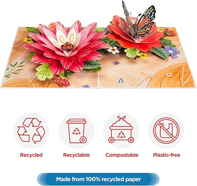 Frndly by Paper Love 3D Bloom and Butterfly Pop Up Card, Gift for Birthday, Wedding, Anniversary, Thank You, Get Well, Valentine’s Day, Mother’s Day & All Occasions, 100% Recycled & Eco-Friendly, 8" x 6" Cover, Includes Envelope and Note Tag