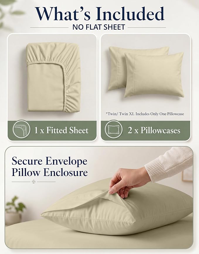 LANE LINEN Twin Fitted Sheet Set (No Flat Sheet) - 100% Organic Cotton Soft & Breathable Percale Weave Fitted Sheet Set for Added Comfort - 15'' Deep Pocket for Snug Fit - GOTS Certified - Linen