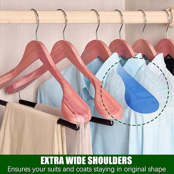 Amber Home 5 Pack Cedar Suit Hangers with Extra Wide Shoulder, Wooden Clothes Hangers for Coats & Jacket, Aromatic Natural Cedar Hangers with Non-Slip Velvet Pant Bar
