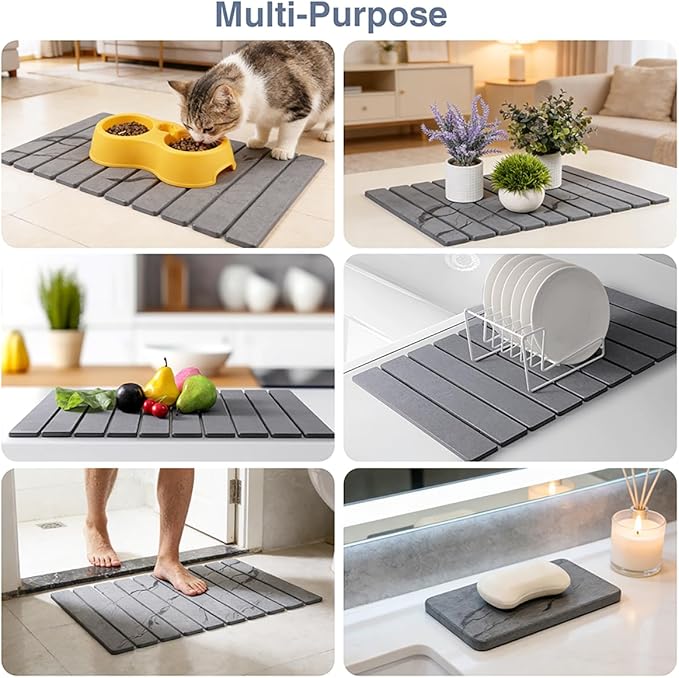 Natural Diatomaceous Earth Dish Drying Mat, Large 24"x16" Stone Kitchen Mats | Ultra Fast-Absorbing, Foldable & Eco-Friendly Dishes Drying Pad for Countertop, Cups, Utensils (Blue & Grey)