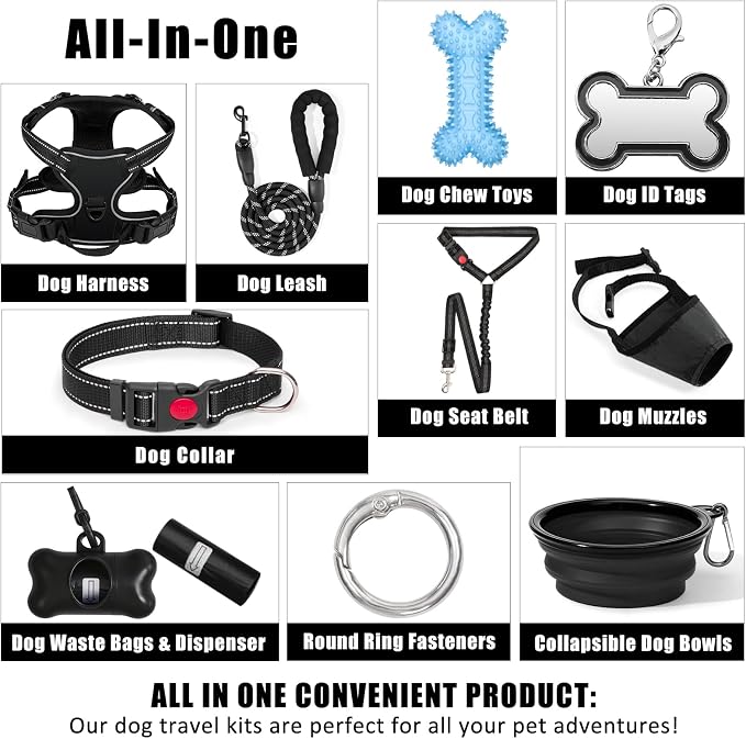 No Pull Dog Harness Adjustable Collar & Leash Set - Dog Halter Harnesses Collapsible Bowls & Poop Bag Dispenser Muzzle ID Tags Toys Fits Small Medium Large Dogs (Black-S)