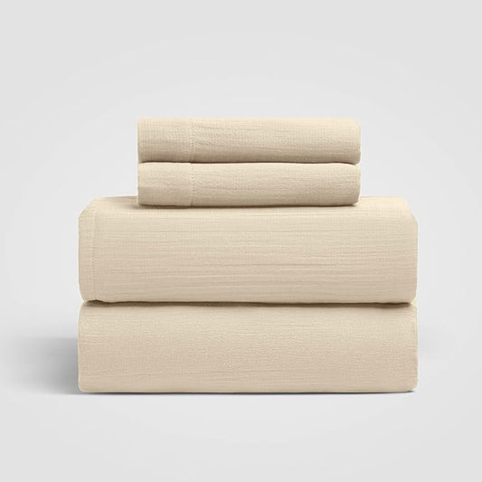 Dune Full Sheet Set, Sandy Beige 100% Cotton Gauze 4-Pc. Sheet Set, Oeko-TEX Certified Full Sheets, with Flat Sheet, Fitted Sheet and 2 Pillowcases, Earth Tone Bedding