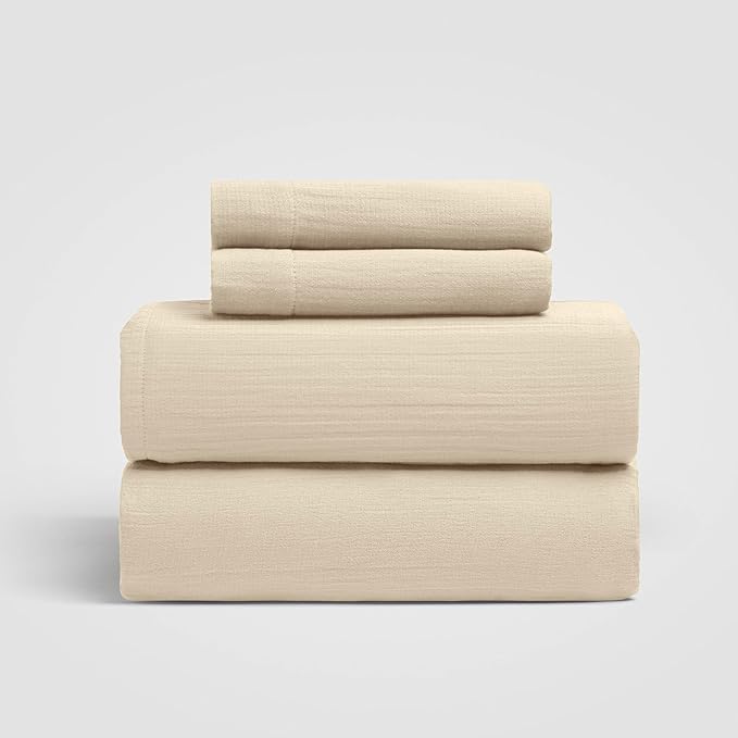Dune Queen Sheet Set, Sandy Beige 100% Cotton Gauze 4-Pc. Sheet Set, Oeko-TEX Certified Queen Sheets, with Flat Sheet, Fitted Sheet and 2 Pillowcases, Earth Tone Bedding