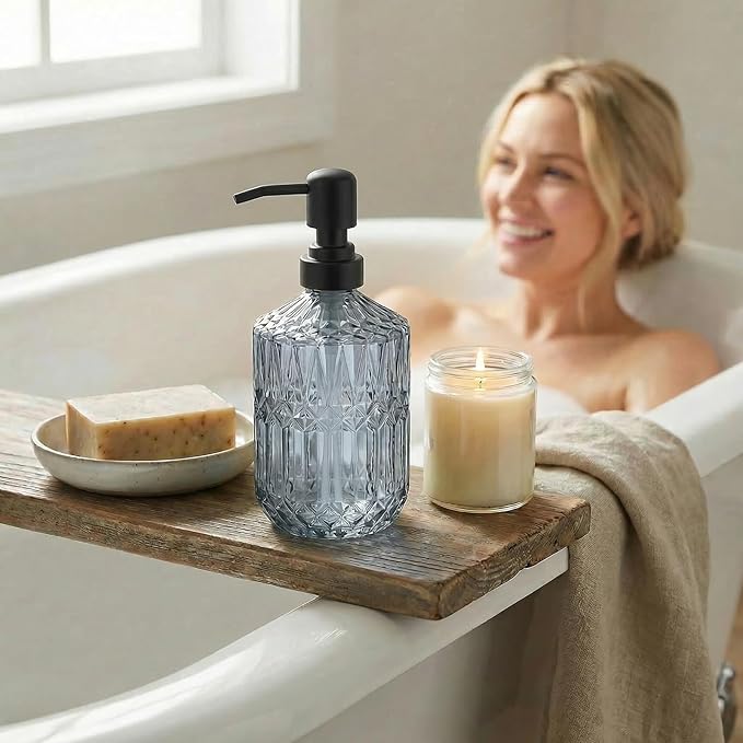 2-Pack Blue Glass Soap Dispenser with Black Rust Proof Pump, Elegant Bathroom Soap Dispenser, Vintage Kitchen Countertop Soap Dispenser for Hand Soap, Dish Soap, Lotion, Body Wash (14 OZ)