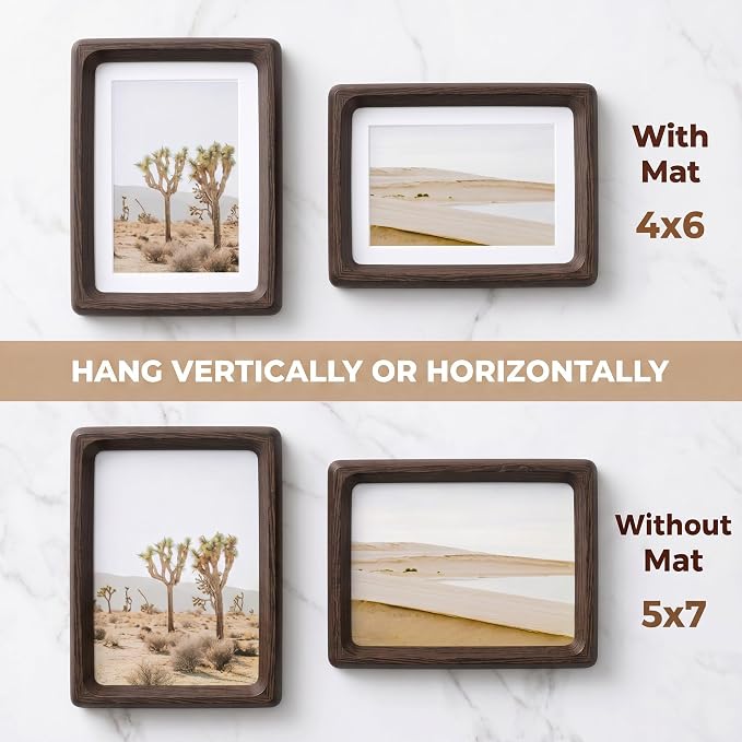 5x7 Picture Frame Set of 2, Natural Wenge Wood Photo Frame with HD Tempered Glass, Handcrafted Rounded Corner 5 x 7 Wooden Frames Matted to 4x6 Photos, 5x7 Frames, Tabletop or Wall Display
