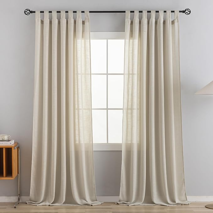 Linen Semi Sheer Curtains Tab Top Light Filtering Elegant Curtains & Drapes for Bedroom (Khaki, 52" W x 96" L, Pack of 2)