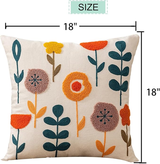 Embroidered Throw Pillow Cover 18x18 Inch,Cotton Canvas Floral Pillow Case, Daisy Wildflower Leaf Boho Farmhouse Decorative Cushion Square for Sofa Bedroom Living Room Outdoor Couch Farmhouse (A003)