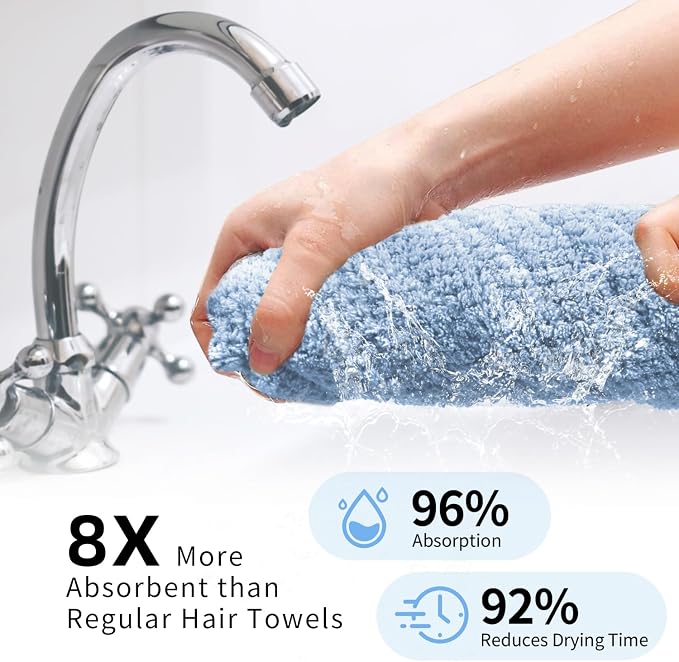 my novel things 2 Pack Extra Large Microfiber Hair Towel Wrap for Women, 37.4" x 26.4" Super Absorbent & Quick Dry with Elastic Strap for Curly Hair (Blue)