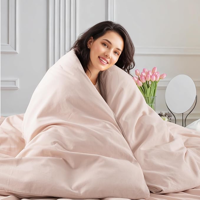 NEXHOME PRO Duvet Cover Set Queen Size Linen Look Textured Organic Natural 100% Washed Cotton Duvet Cover Greyish Light Pink 3 Pieces Bedding Set with Zipper Closure, Breathable (No Comforter)