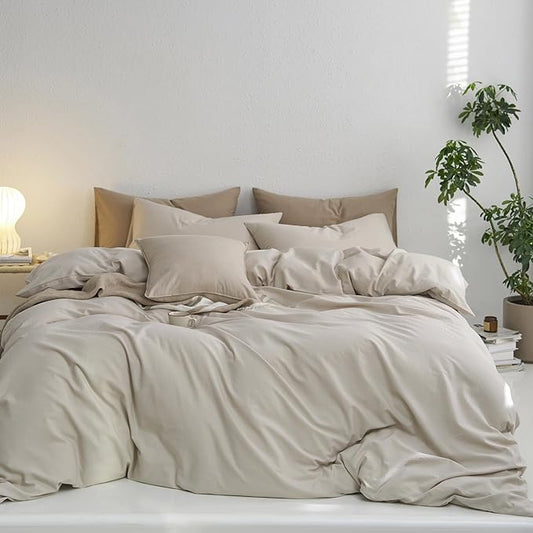 MooMee Super Queen Duvet Cover Set, 100% Washed Cotton Linen Like Twill Thick Sturdy Material Super Soft Breathable Durable Bedding for All Season, 3 Pieces (Cream Grey, Super Queen 90"x98")