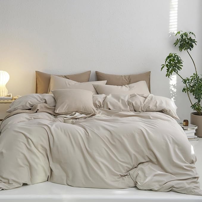 MooMee Full Duvet Cover Set, 100% Washed Cotton Linen Like Twill Thick Sturdy Material Super Soft Breathable Durable Bedding for All Season, 3 Pieces (Cream Grey, Full 80"x90")