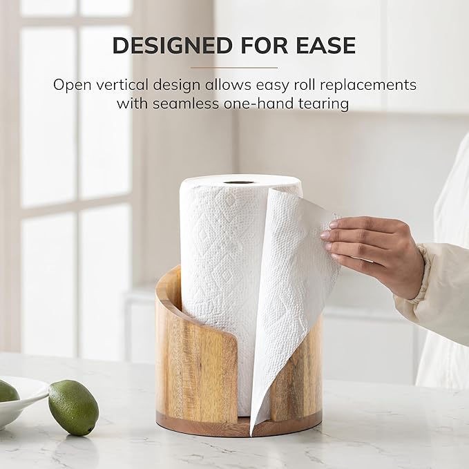 Anji Mountain Wooden Paper Towel Holder Countertop with Mango Wood Round Base and Iron Holder, Holder Stand for Kitchen Roll Organizer & Kitchen Dining Table Home Decor - Mango/Gold, Classic