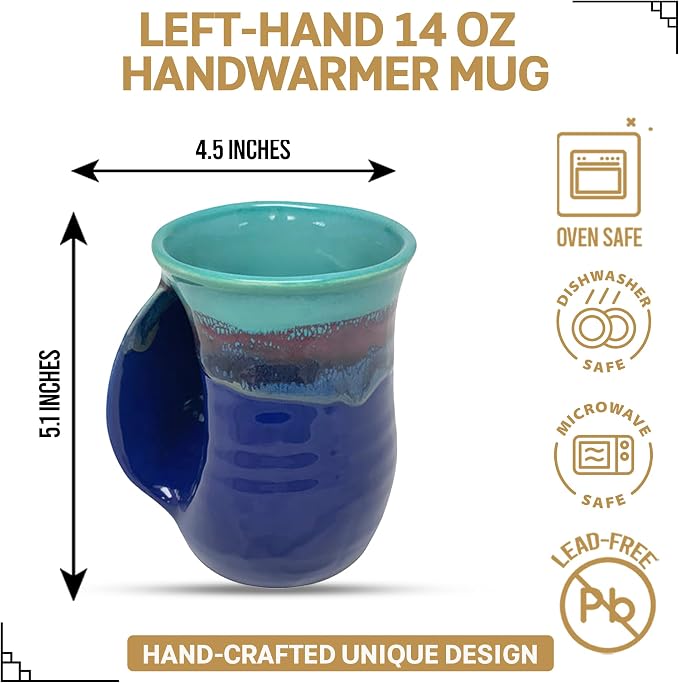 Clay in Motion Hand Warmer Coffee Mug – Handmade Coffee Mug With Comfortable Handle Contoured Pocket Hand Warming Ceramic Coffee Mug – Proudly Made in USA – Left Handed – 14 Oz - Mystic Waters