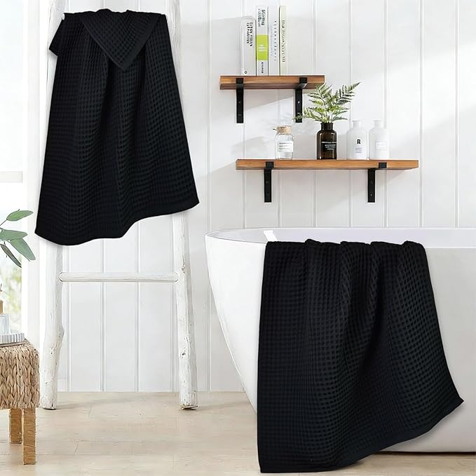 Jacquotha Waffle Bath Towel Set of 2 (Black) - Cotton, Thin, Low Lint, 31” x 62” Soft Bath Towels for Bathroom, Shower, Pool & Beach
